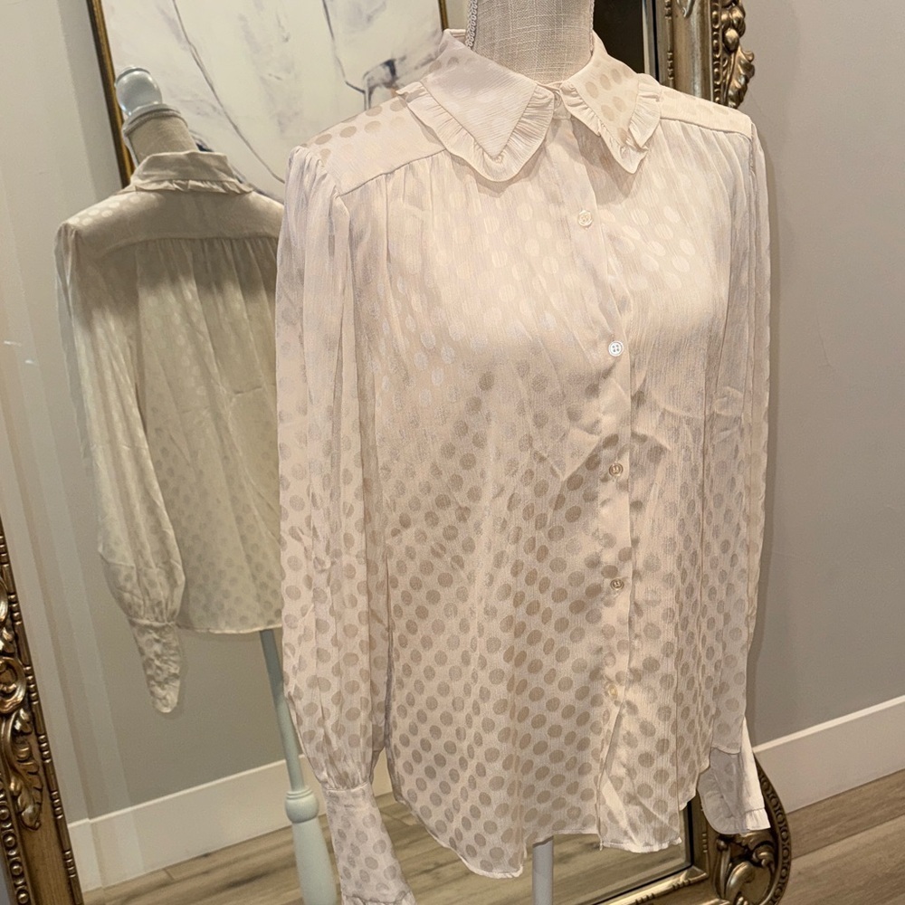 BCBG Cream Polka Dot Button Down Shirt - Picture 1 of 6